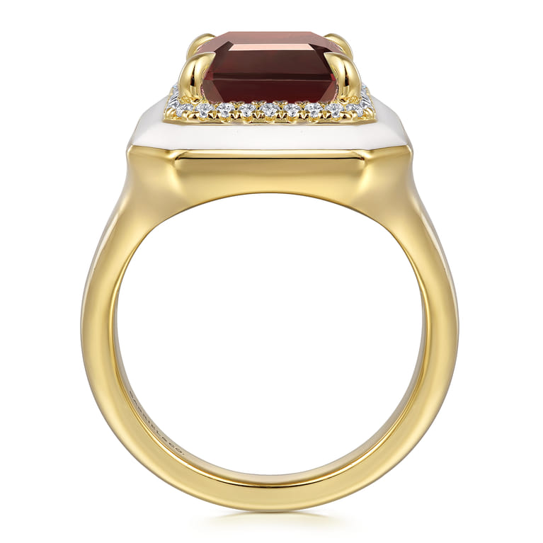 Enamel - 14K Yellow Gold Diamond Halo and Garnet Cocktail Ring with White Enamel - 0.19 ct - Shot 2