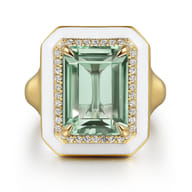 Enamel - 14K Yellow Gold Diamond Halo and Green Amethyst Cocktail Ring with White Enamel