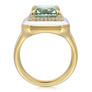 Enamel - 14K Yellow Gold Diamond Halo and Green Amethyst Cocktail Ring with White Enamel