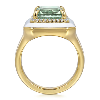Enamel - 14K Yellow Gold Diamond Halo and Green Amethyst Cocktail Ring with White Enamel