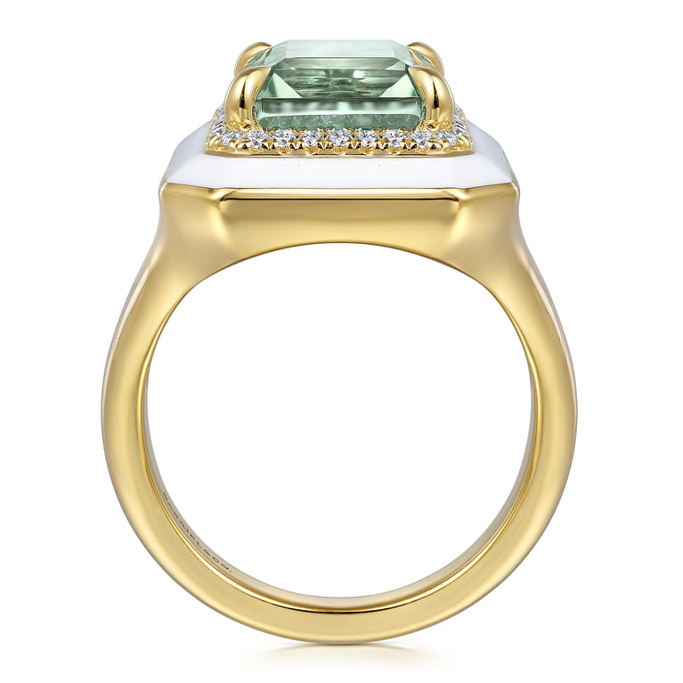 Enamel - 14K Yellow Gold Diamond Halo and Green Amethyst Cocktail Ring with White Enamel - 0.19 ct - Shot 2