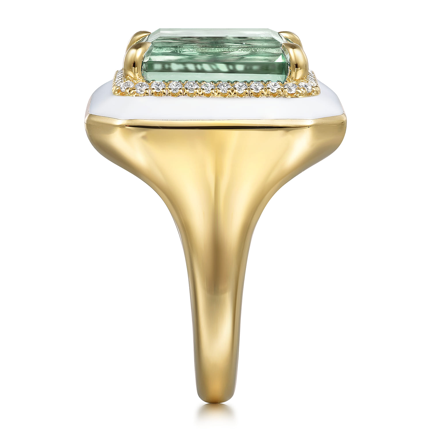 Enamel - 14K Yellow Gold Diamond Halo and Green Amethyst Cocktail Ring with White Enamel