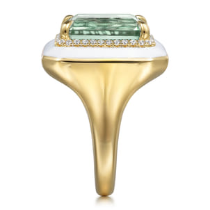 Enamel - 14K Yellow Gold Diamond Halo and Green Amethyst Cocktail Ring with White Enamel