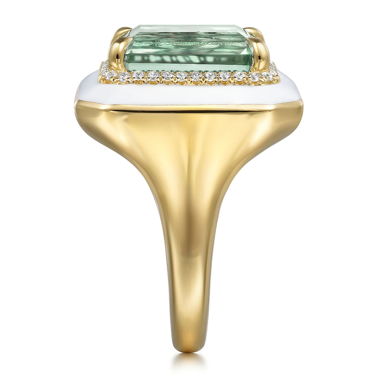 Enamel - 14K Yellow Gold Diamond Halo and Green Amethyst Cocktail Ring with White Enamel