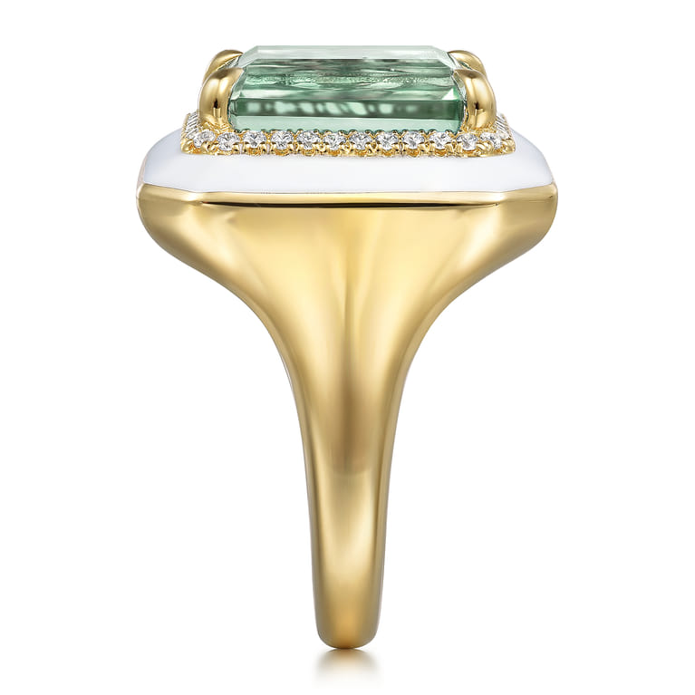 Enamel - 14K Yellow Gold Diamond Halo and Green Amethyst Cocktail Ring with White Enamel - 0.19 ct - Shot 4