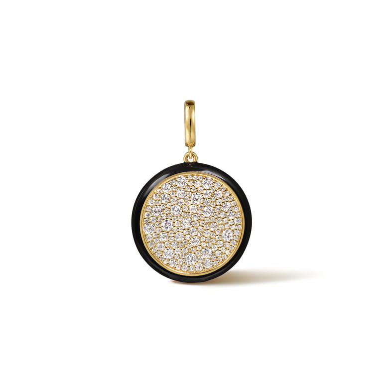 Enamel - 14K Yellow Gold Diamond Medallion With Detachable Bail with Black Enamel - 1.5 ct - Shot 1