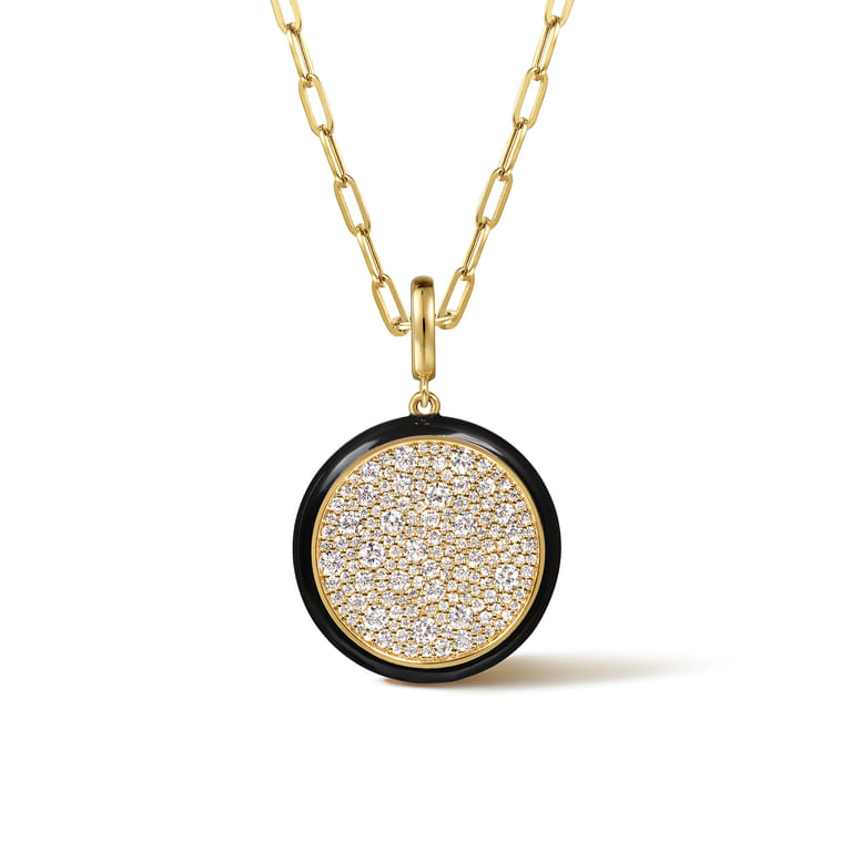 Enamel - 14K Yellow Gold Diamond Medallion With Detachable Bail with Black Enamel - 1.5 ct - Shot 3