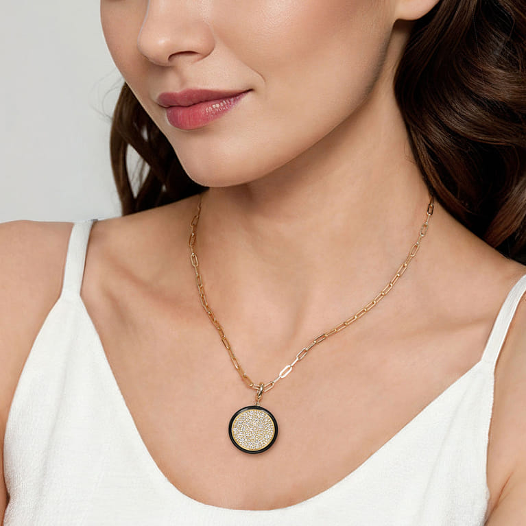 Enamel - 14K Yellow Gold Diamond Medallion With Detachable Bail with Black Enamel - 1.5 ct - Shot 5