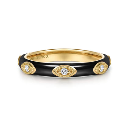 Enamel - 14K Yellow Gold Diamond Split Stackable with Black Enamel