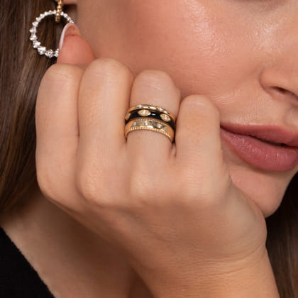 Enamel - 14K Yellow Gold Diamond Split Stackable with Black Enamel