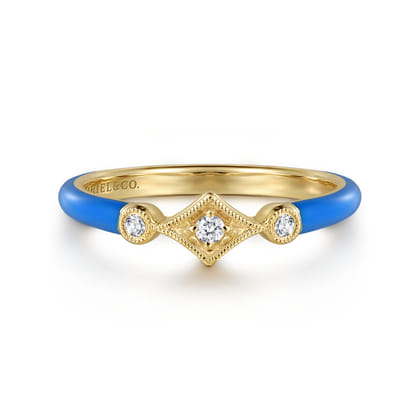 Enamel - 14K Yellow Gold Diamond Split Stackable with Blue Enamel