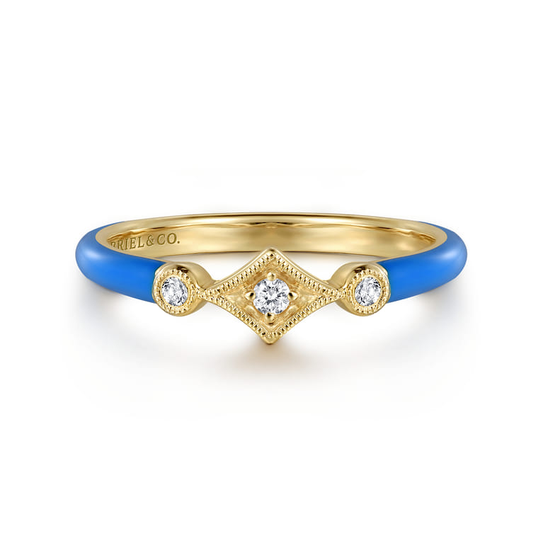 Enamel - 14K Yellow Gold Diamond Split Stackable with Blue Enamel - 0.06 ct - Shot 1