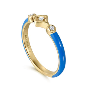 Enamel - 14K Yellow Gold Diamond Split Stackable with Blue Enamel