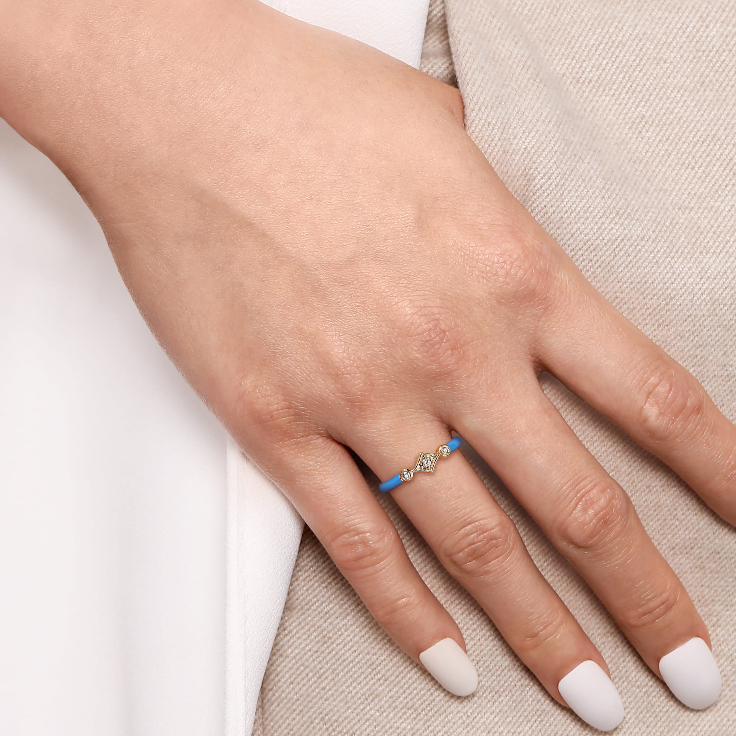 Enamel - 14K Yellow Gold Diamond Split Stackable with Blue Enamel - 0.06 ct - Shot 6