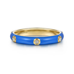 Enamel - 14K Yellow Gold Diamond Split Stackable with Blue Enamel