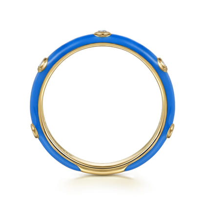 Enamel - 14K Yellow Gold Diamond Split Stackable with Blue Enamel
