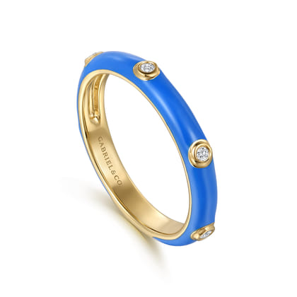 Enamel - 14K Yellow Gold Diamond Split Stackable with Blue Enamel