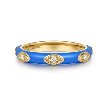 Enamel - 14K Yellow Gold Diamond Split Stackable with Blue Enamel