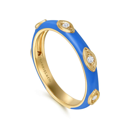 Enamel - 14K Yellow Gold Diamond Split Stackable with Blue Enamel