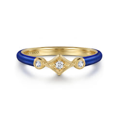 Enamel - 14K Yellow Gold Diamond Split Stackable with Chrome Blue Enamel