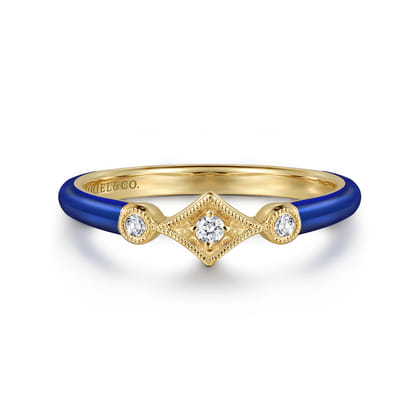 Enamel - 14K Yellow Gold Diamond Split Stackable with Chrome Blue Enamel