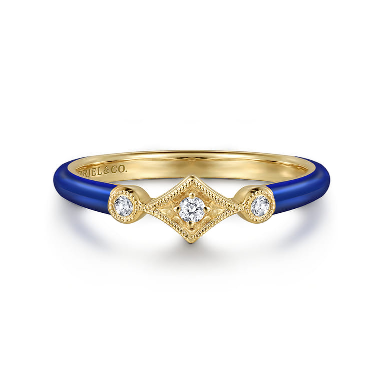 Enamel - 14K Yellow Gold Diamond Split Stackable with Chrome Blue Enamel - 0.06 ct - Shot 1