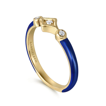 Enamel - 14K Yellow Gold Diamond Split Stackable with Chrome Blue Enamel