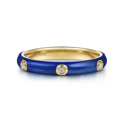 Enamel - 14K Yellow Gold Diamond Split Stackable with Chrome Blue Enamel