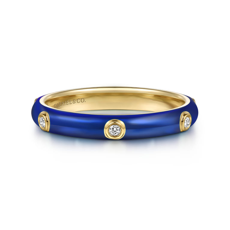 Enamel - 14K Yellow Gold Diamond Split Stackable with Chrome Blue Enamel - 0.05 ct - Shot 1