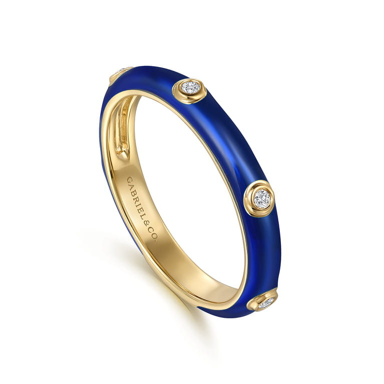 Enamel - 14K Yellow Gold Diamond Split Stackable with Chrome Blue Enamel - 0.05 ct - Shot 3