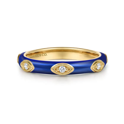 Enamel - 14K Yellow Gold Diamond Split Stackable with Chrome Blue Enamel