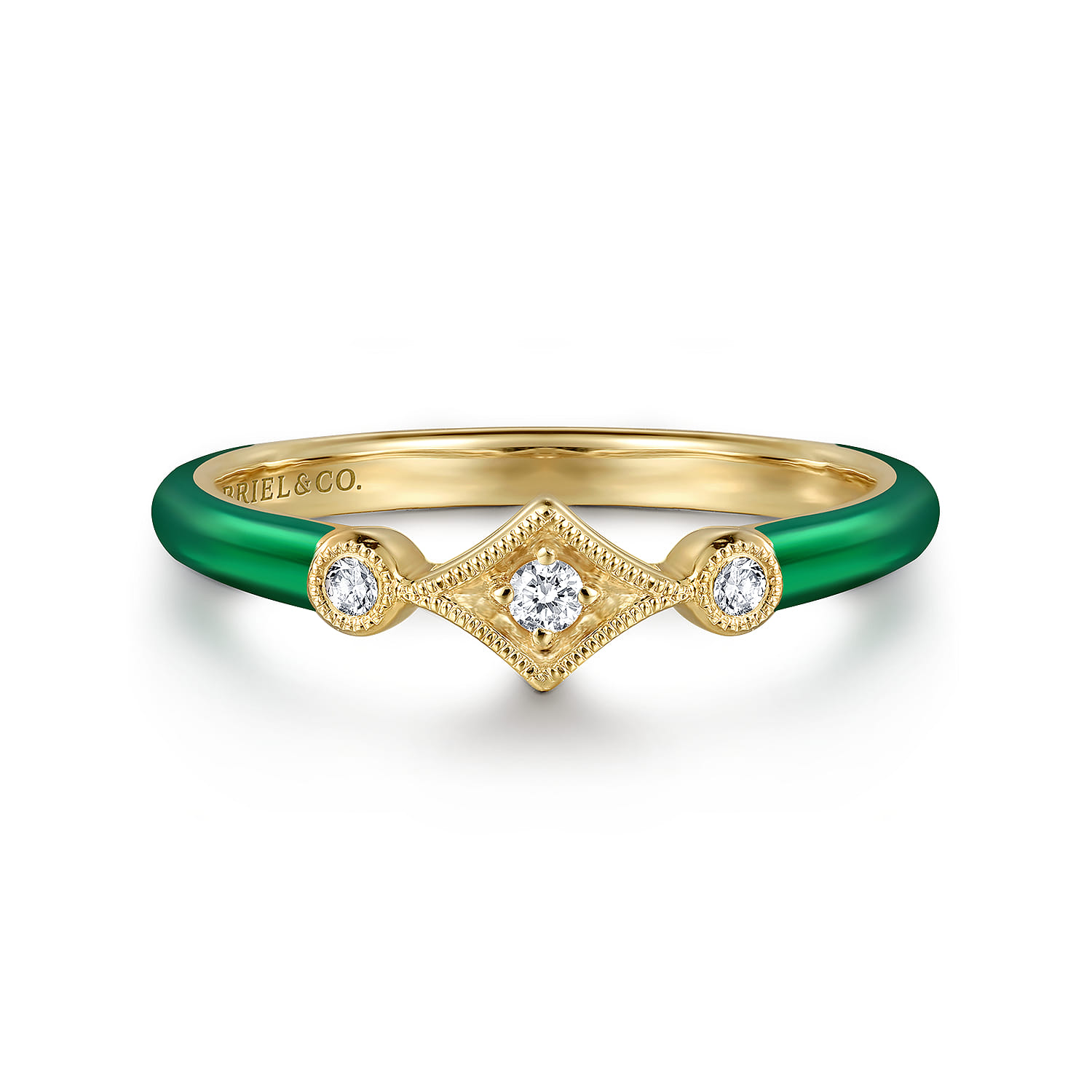 Enamel - 14K Yellow Gold Diamond Split Stackable with Chrome Green Enamel - 0.06 ct - Shot 1