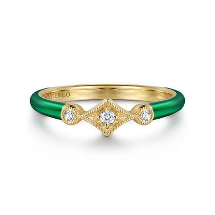 Enamel - 14K Yellow Gold Diamond Split Stackable with Chrome Green Enamel