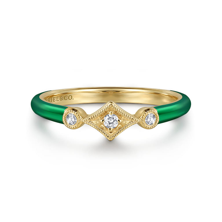 Enamel - 14K Yellow Gold Diamond Split Stackable with Chrome Green Enamel - 0.06 ct - Shot 1