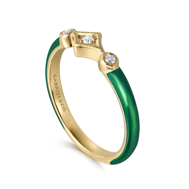 Enamel - 14K Yellow Gold Diamond Split Stackable with Chrome Green Enamel - 0.06 ct - Shot 3