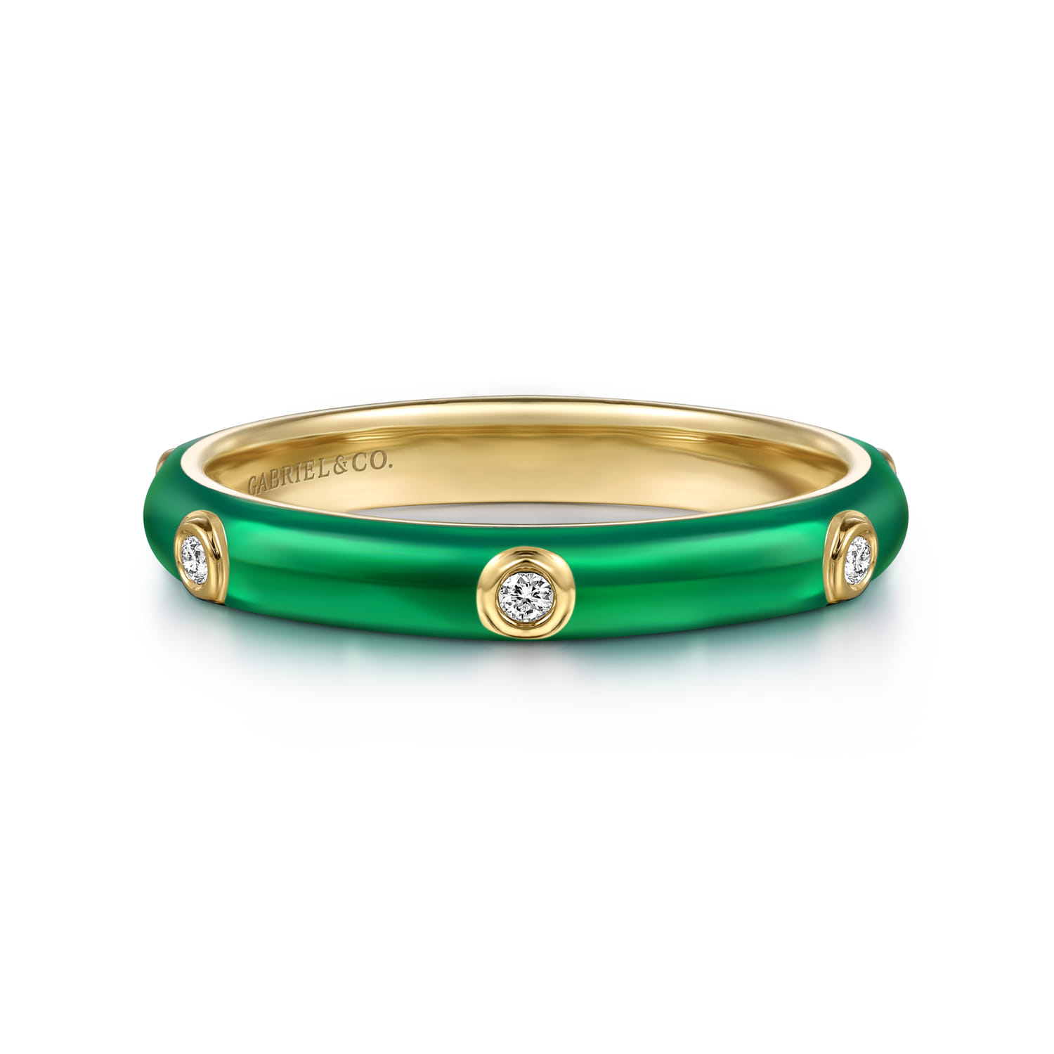 Enamel - 14K Yellow Gold Diamond Split Stackable with Chrome Green Enamel - 0.05 ct - Shot 1