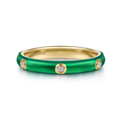 Enamel - 14K Yellow Gold Diamond Split Stackable with Chrome Green Enamel