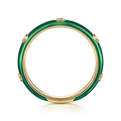 Enamel - 14K Yellow Gold Diamond Split Stackable with Chrome Green Enamel
