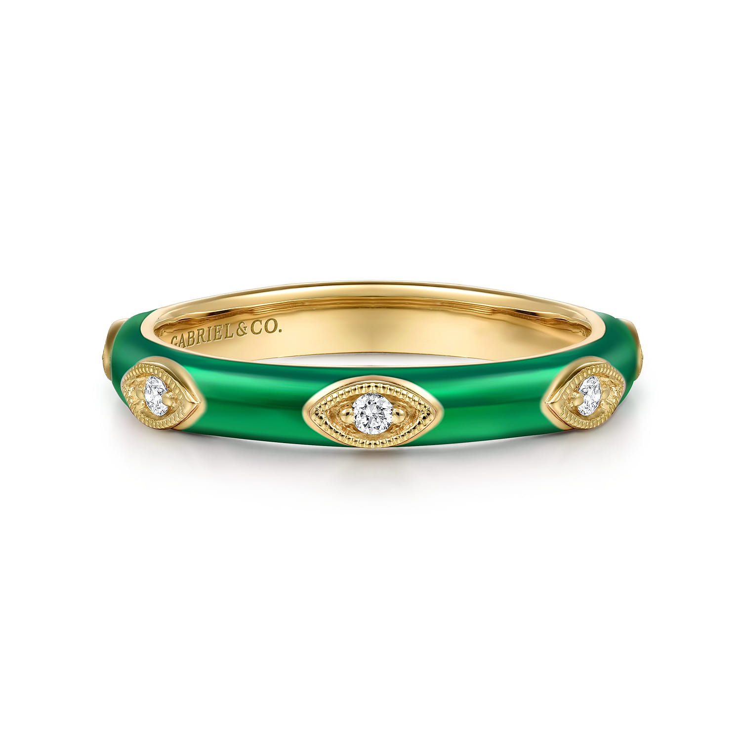 Enamel - 14K Yellow Gold Diamond Split Stackable with Chrome Green Enamel - 0.08 ct - Shot 1