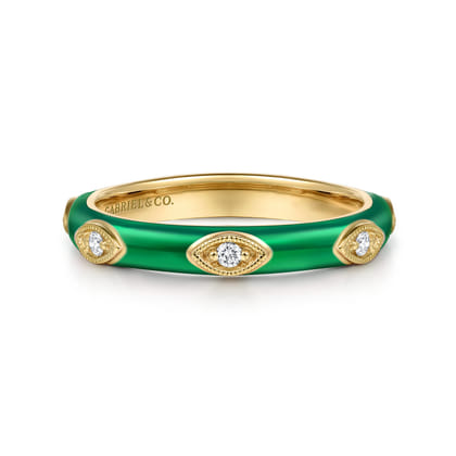 Enamel - 14K Yellow Gold Diamond Split Stackable with Chrome Green Enamel
