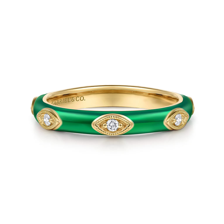 Enamel - 14K Yellow Gold Diamond Split Stackable with Chrome Green Enamel - 0.08 ct - Shot 1
