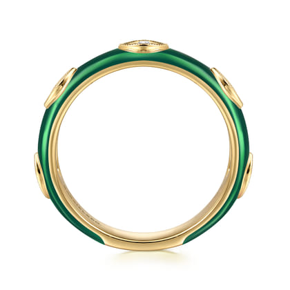 Enamel - 14K Yellow Gold Diamond Split Stackable with Chrome Green Enamel