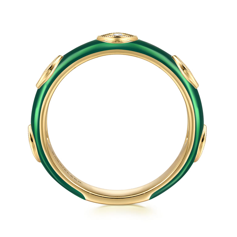 Enamel - 14K Yellow Gold Diamond Split Stackable with Chrome Green Enamel - 0.08 ct - Shot 2