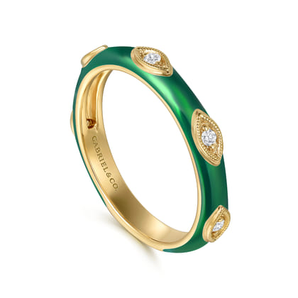 Enamel - 14K Yellow Gold Diamond Split Stackable with Chrome Green Enamel