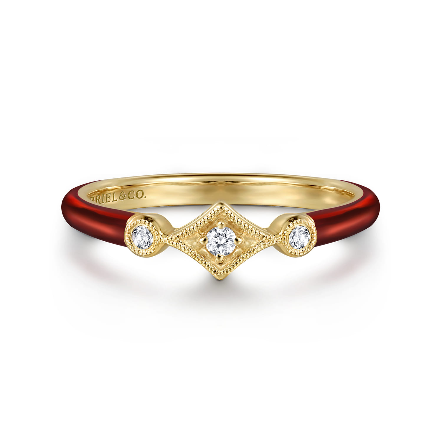 Enamel - 14K Yellow Gold Diamond Split Stackable with Chrome Red Enamel - 0.06 ct - Shot 1