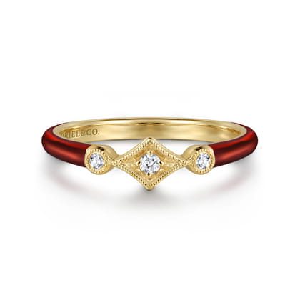 Enamel - 14K Yellow Gold Diamond Split Stackable with Chrome Red Enamel