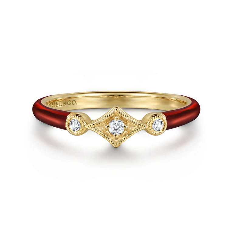 Enamel - 14K Yellow Gold Diamond Split Stackable with Chrome Red Enamel - 0.06 ct - Shot 1