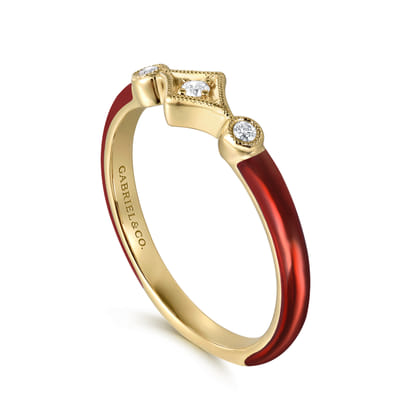 Enamel - 14K Yellow Gold Diamond Split Stackable with Chrome Red Enamel