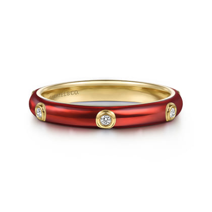 Enamel - 14K Yellow Gold Diamond Split Stackable with Chrome Red Enamel