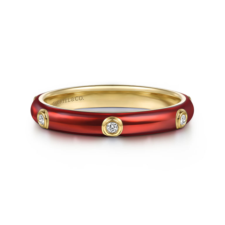 Enamel - 14K Yellow Gold Diamond Split Stackable with Chrome Red Enamel - 0.05 ct - Shot 1